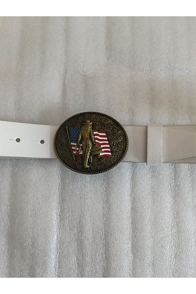 Butik Tülin Unisex Authentic Genuine Cowhide Leather White Bronze Flower Pattern Usa Flag Cowgirl Cowboy Buckle Belt