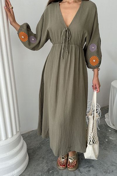 VAGGON Women's Khaki V-Neck Balloon Sleeve Lace-Up Dress Vs00669