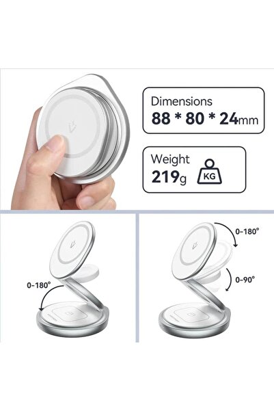 AXIO Încărcător wireless cu încărcare rapidă, 15W, 3 în 1, suport magnetic, MagSafe, E83, silicon, argintiu