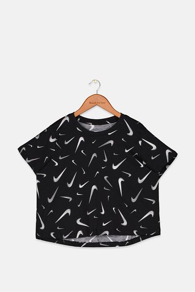 Nike Kids Girl All Over Print Short Sleeve Crop Tops, Black
