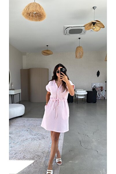 Buket Teke Pembe Çizgili Beli Kuşaklı Rahat Elbise