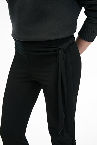 GRIMELANGE Ayshur Women's Stretch Fabric Waistband Detail Wide Leg Slim Fit Black Pants