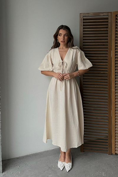 VAGGON Women's Beige V-Neck Elastic Waist Short Sleeve Muslin Fabric Dress Vs00666