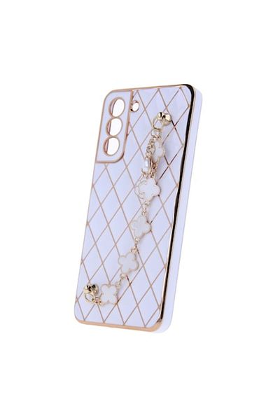 OEM Carcasă de protecție Glamour Bling cu mâner pentru Samsung Galaxy S22 Plus, albă