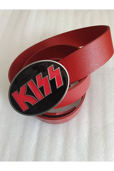 Butik Tülin Unisex Authentic Genuine Cowhide Leather Red Silver Enamel Kiss Cowboy Buckle Belt