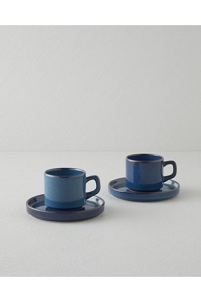 English Home Coastal Bliss Ceramic 4 Piece 2-Person Teacup Set 184 ml Dark Blue
