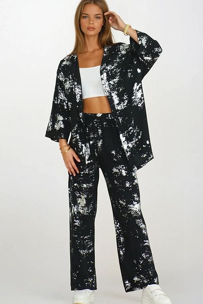 VAGGON Patterned Kimono and Elastic Waist Pants Kimono Set