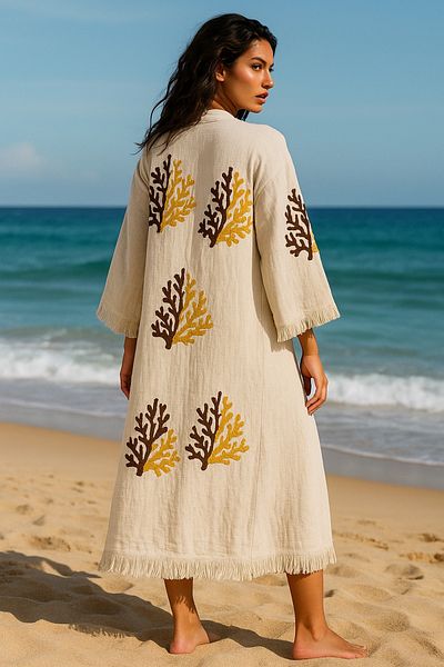 LaraLisa 4 Layers Natural Muslin Cotton Fabric Chemical Treatment Unprocessed Hand Printed Kaftan Kimono Peshtemal Bathrobe