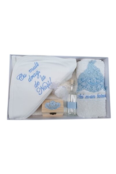 OEM Trusou pentru botez, "Cu mult drag de la Nasi", 7 piese, bleu cu broderie albastra