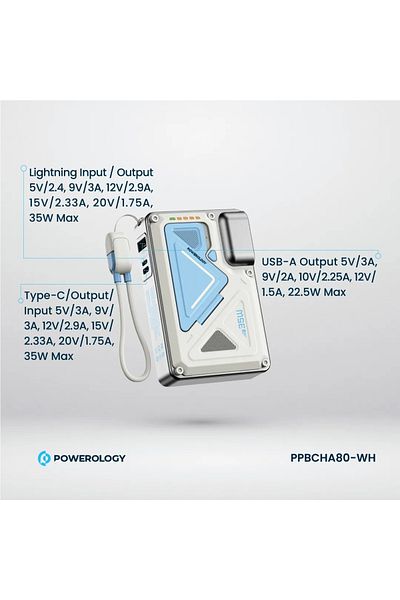 Powerology 10000Mah Magsafe Wireless Power Bank With Type-C & Lightning Cable Adapter