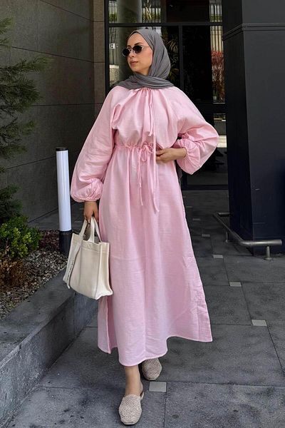 lamelif Balloon Sleeve Tie Hijab Dress Candy Pink