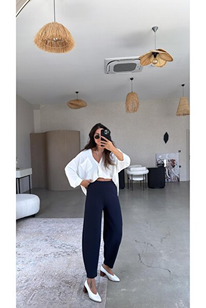 Buket Teke Pantaloni din țesătură balon cu talie elastică bleumarin