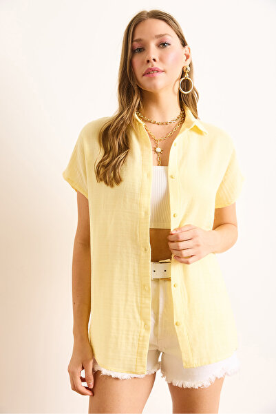 Olalook Women's Light Yellow Bat Basic Muslin Shirt Gml-19001215