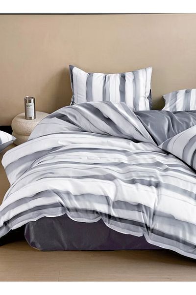 LUNA HOME King size, 6-piece, reversible duvet cover set featuring a striped design in a vibrant gray color.