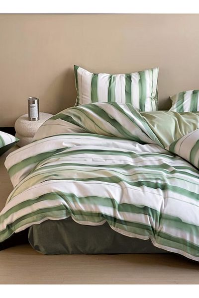 LUNA HOME Queen size, 6-piece, reversible duvet cover set featuring a striped design in a vibrant green color.