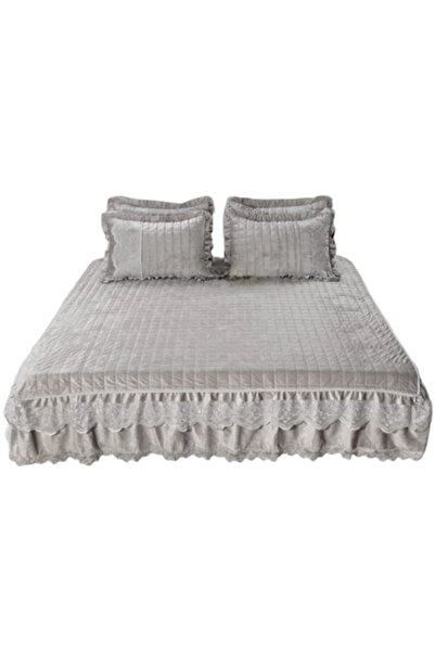 OEM Quilt and 2 Pillowcases, Velvet Lux with Ruffles, Uni, 3 Pieces, 2 Persons, 180x200cm, Light Grey