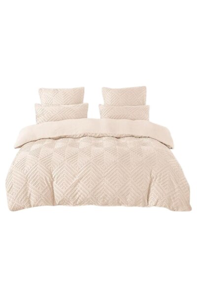 OEM Lenjerie de pat dublu, Velvet Grofat Romburi, 6 piese, 2 persoane, Uni, 230x250cm, Ivoire