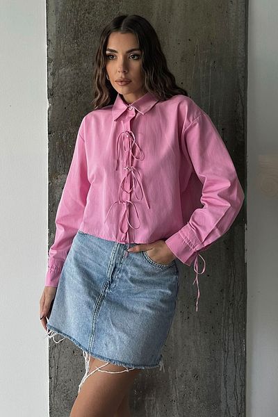 VAGGON Women's Pink Lace-Up Crop Woven Shirt Vs00657