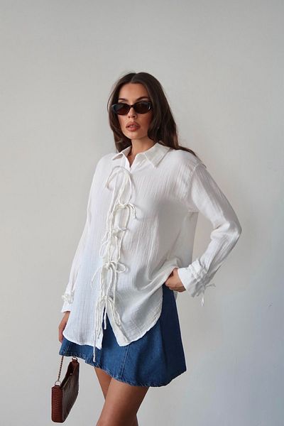 VAGGON Women's White Button Detailed Tie-Up Muslin Shirt Vs00662