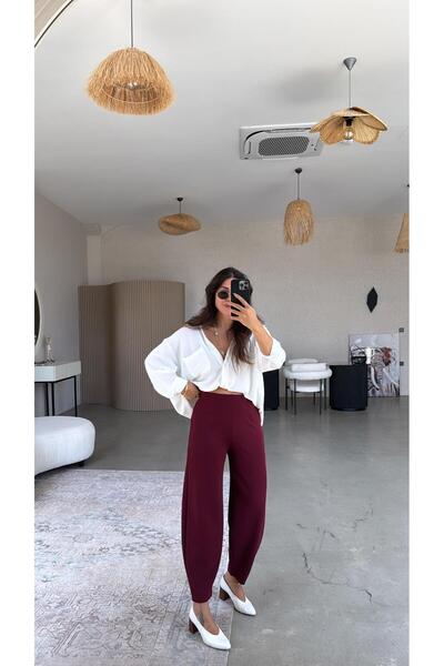 Buket Teke Burgundy Elastic Waist Balloon Fabric Trousers