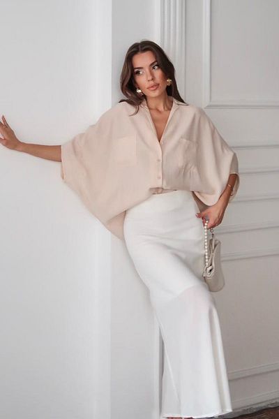VAGGON Women's Beige Double Pocket Bat Sleeve Shirt Vs00664