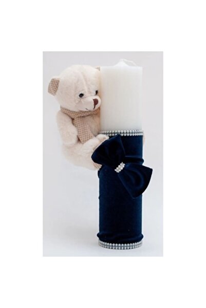 OEM Lumânare de botez, catifea și ursuleț de pluș, 30x7cm, bleumarin