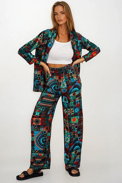 VAGGON Patterned Oversize Shirt and Lace-Up Palazzo Pants Set