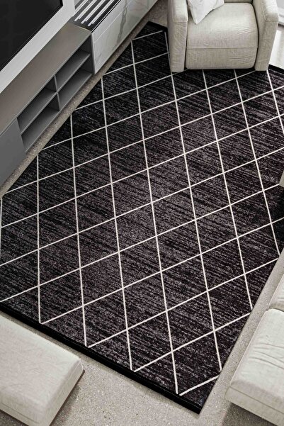 Oriente Home Geometrik Desenli Yıkanabilir Kaymaz Taban Siyah Beyaz Şönil Sal...