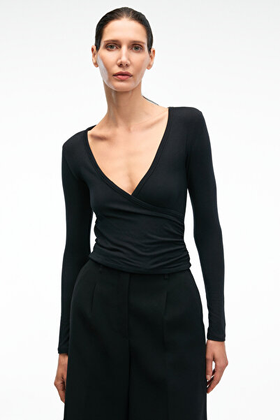 GRIMELANGE Calloria Women's V-Neck Long Sleeve Slim Fit Black Blouse