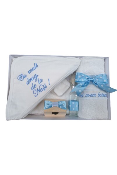 OEM Trusou pentru botez, 'Cu mult drag de la Nasi', 7 piese, bleu cu buline