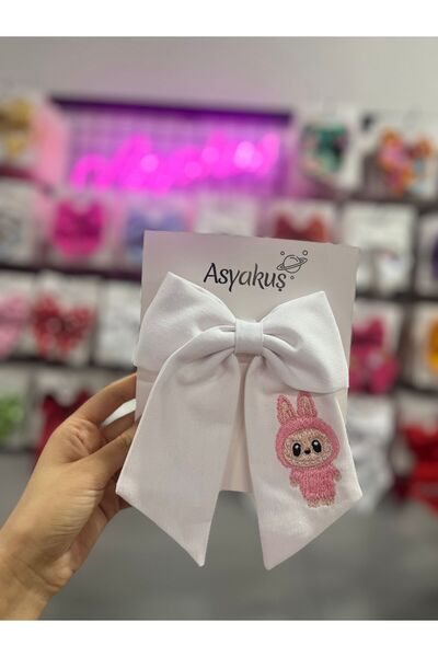 asyakuş مشبك تلقائي على شكل فيونكة بيضاء منقوشة باللون الوردي