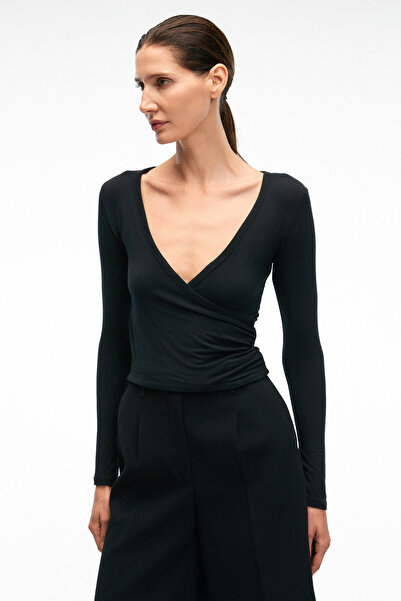 GRIMELANGE Calloria Women's V-Neck Long Sleeve Slim Fit Black Blouse