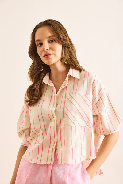 Olalook Women's Beige Pink Single Pocket Striped Front Short Back Long Crop Shirt Gml-19001377