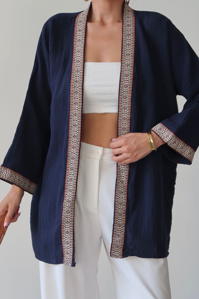 VAGGON Women's Navy Blue Embroidery Detailed Linen Kimono Vs00678