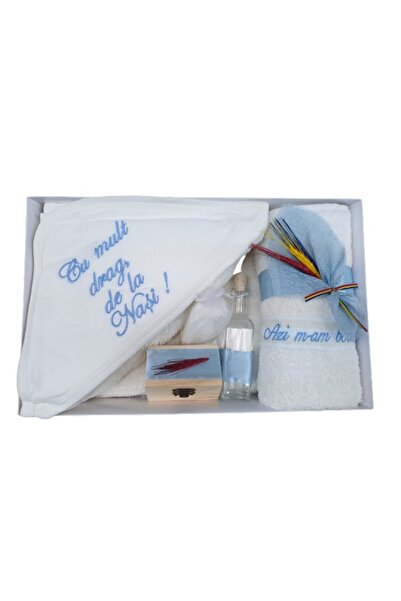 OEM Trusou pentru botez, "Cu mult drag de la Nasi", 7 piese, Bleu cu grau tricolor