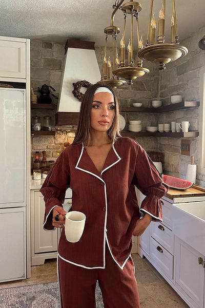 VAGGON V Neck Sleeves Elasticated Linen Bottom Top Set