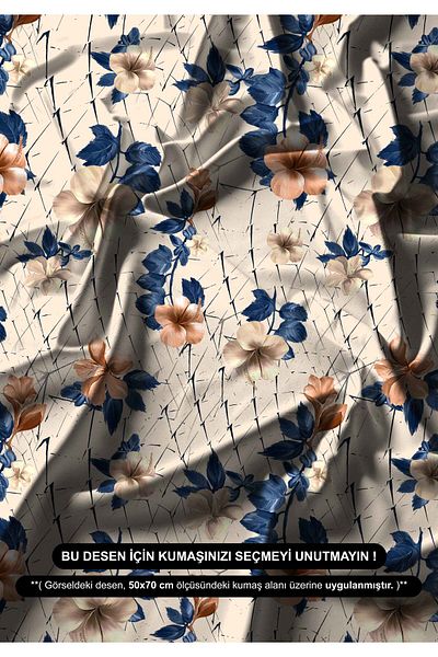 DESENİX Coral Navy Blue Floral Patterned Digital Printing Fabric |   Cream Floor Vintage |   150X100Cm |   Sales with Meters