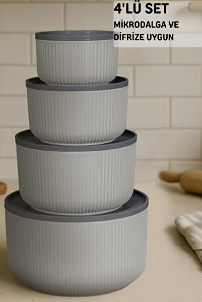 İ&A HOME مجموعة من 4 حاويات تخزين مستديرة مخططة باللون الرمادي |   2.5 لتر 1....
