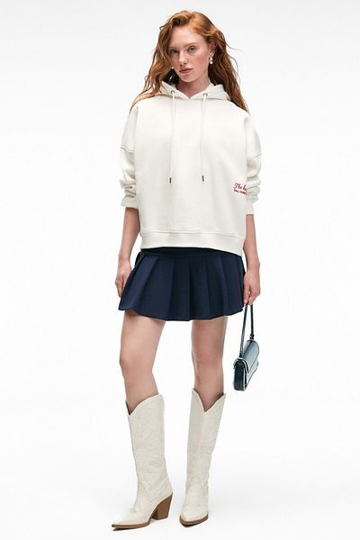 GRIMELANGE Jasses Women's Oversize Embroidered Hooded White Sweatshirt