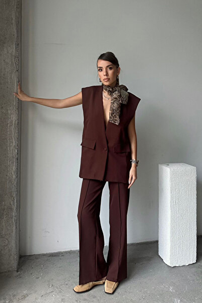 VAGGON Γυναικείο καφέ γιλέκο με ένα κουμπί με κάλυμμα τσέπης Vs00679