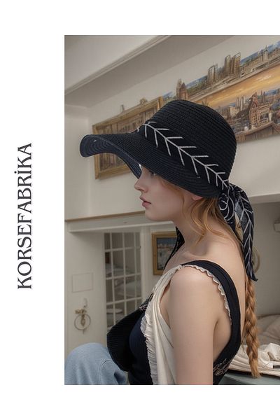 KORSEFABRİKA Stylish and Functional Women's Straw Beach and Casual Sun Hat with Wide Brim Sun Visor Uv Protection