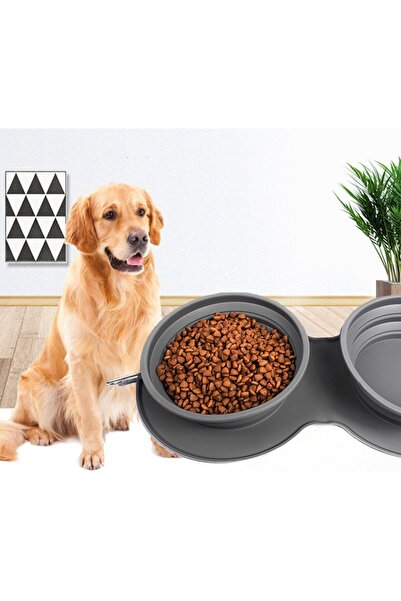 Flippy Διπλό μπολ για κατοικίδια, σιλικόνης, πτυσσόμενο, ρυθμιζόμενο ύψος, αντιολισθητικό, 42 x 21 x 5 cm, γκρι