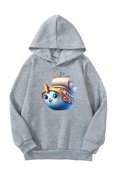 vbs vibes Унисекс сива детска суитшърт с качулка – принт с кораб, дебел изчет...