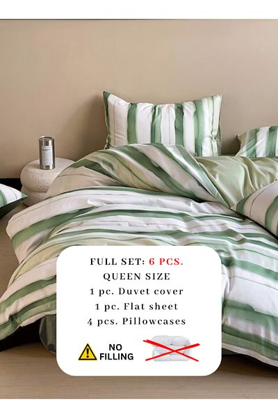 LUNA HOME Queen size, 6-piece, reversible duvet cover set featuring a striped design in a vibrant green color.