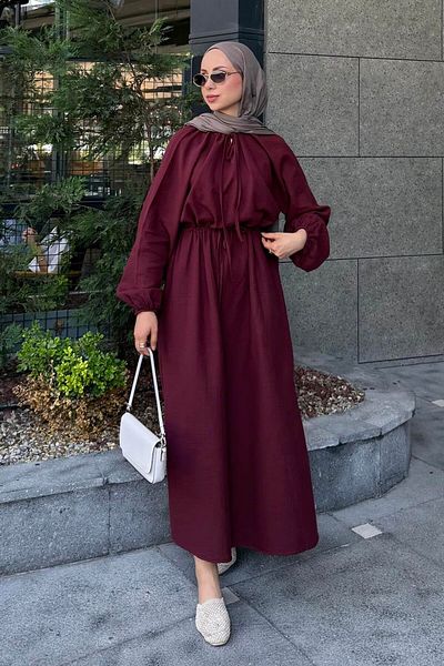 lamelif Balloon Sleeve Tie Hijab Dress Plum