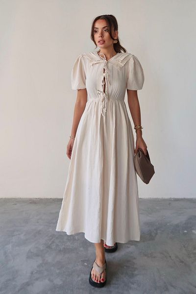 VAGGON Women's Cream Baby Collar Tie-Up Muslin Dress Vs00672