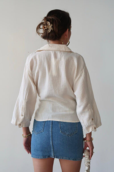 VAGGON Women's Cream Double-Breasted Collar Tied Muslin Blouse Vs00677