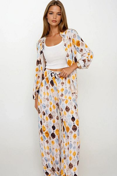 VAGGON Patterned Oversize Shirt and Lace-Up Palazzo Pants Set