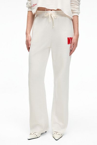 GRIMELANGE Avenza Women's Embroidery Detailed Regular Wide Leg Ecru Sweatpants with Side Pockets