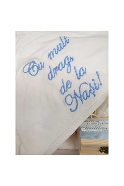 OEM Trusou pentru botez, "Cu mult drag de la Nasi", 7 piese, bleu cu dantela